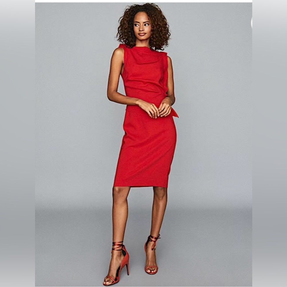 NWT REISS Robyn Ruffle Side Bodycon Dress In Red. $370